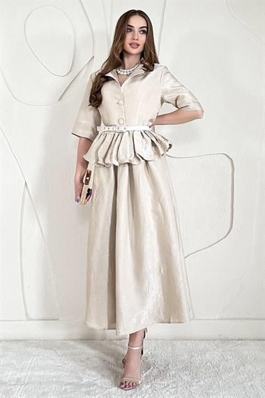 Bej İnce Kemer Detaylı Fıfırlı Ceket Etek Takım