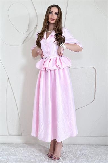 Pembe İnce Kemer Detaylı Fıfırlı Ceket Etek Takım