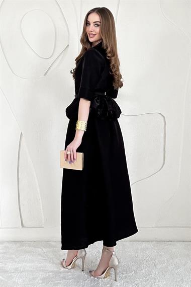 Siyah İnce Kemer Detaylı Fıfırlı Ceket Etek Takım