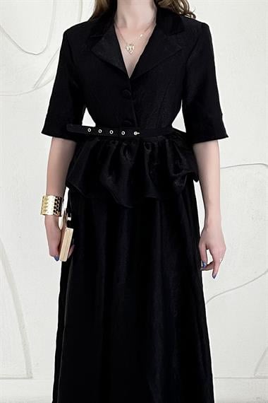 Siyah İnce Kemer Detaylı Fıfırlı Ceket Etek Takım