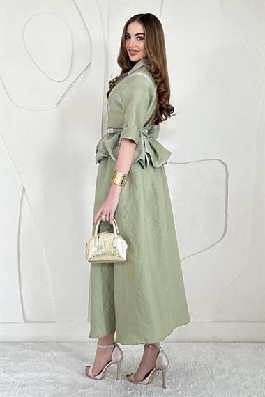 Yeşil İnce Kemer Detaylı Fıfırlı Ceket Etek Takım