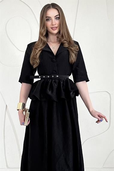 Siyah İnce Kemer Detaylı Fıfırlı Ceket Etek Takım