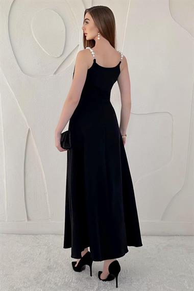 Siyah İnci Askı Detaylı Kurdele Elbise