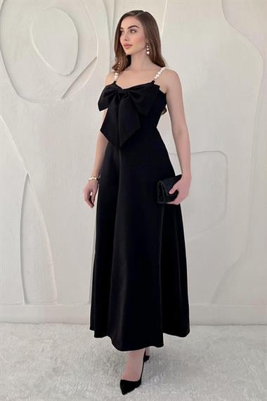 Siyah İnci Askı Detaylı Kurdele Elbise