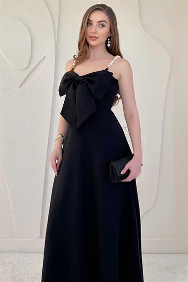 Siyah İnci Askı Detaylı Kurdele Elbise