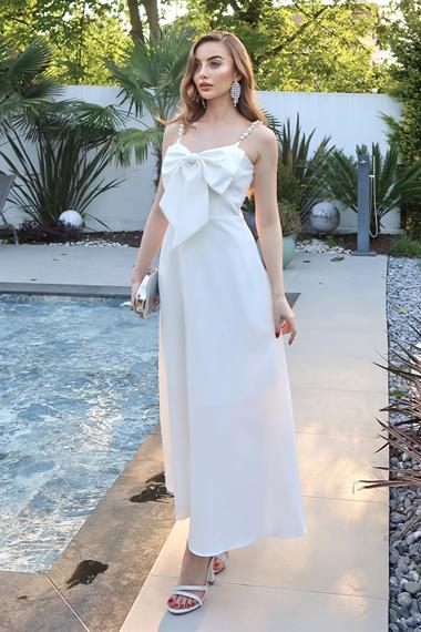 Beyaz İnci Askı Detaylı Kurdele Elbise