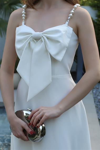 Beyaz İnci Askı Detaylı Kurdele Elbise