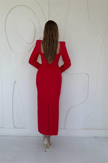 Kırmızı İnci Vatkalı Elbise