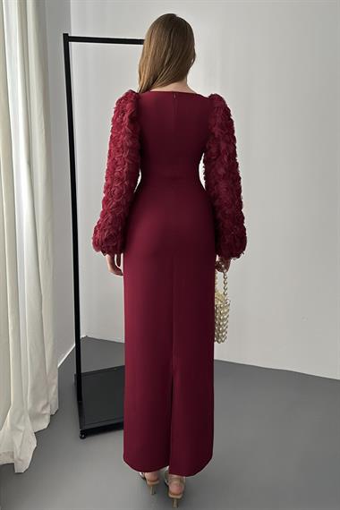 Bordo İncili Kare Yaka Kolları Gül Detaylı Elbise