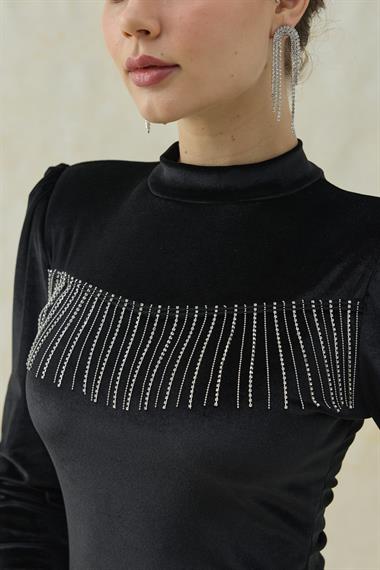 Siyah Işıltı Detaylı Midi Boy Kadife Elbise