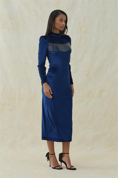 Lacivert Işıltı Detaylı Midi Boy Kadife Elbise