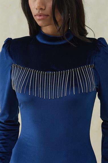 Lacivert Işıltı Detaylı Midi Boy Kadife Elbise