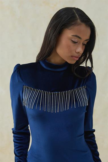 Lacivert Işıltı Detaylı Midi Boy Kadife Elbise