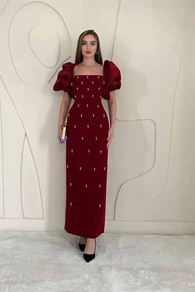 Bordo Kolu Garnili İşleme Detaylı Elbise