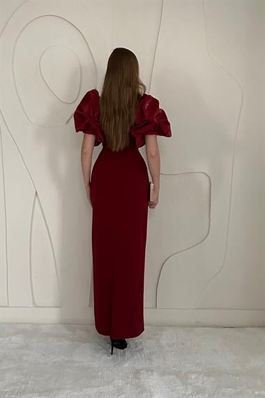 Bordo Kolu Garnili İşleme Detaylı Elbise