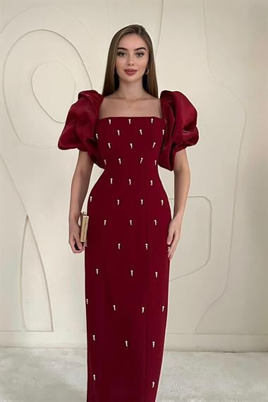 Bordo Kolu Garnili İşleme Detaylı Elbise
