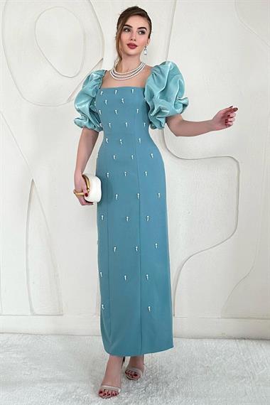 Mint Kolu Garnili İşleme Detaylı Elbise