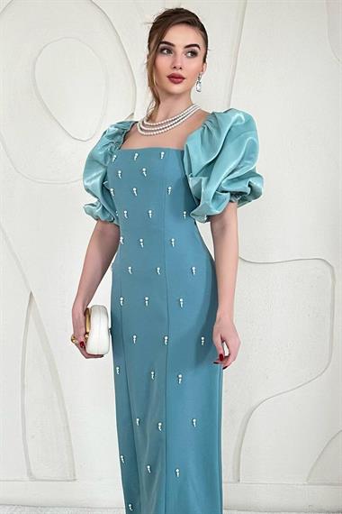 Mint Kolu Garnili İşleme Detaylı Elbise