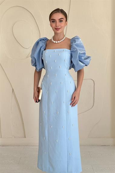 Bebe Mavi Kolu Garnili İşleme Detaylı Elbise