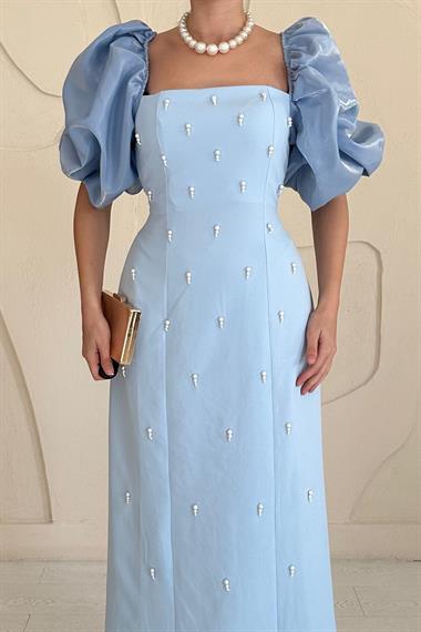 Bebe Mavi Kolu Garnili İşleme Detaylı Elbise