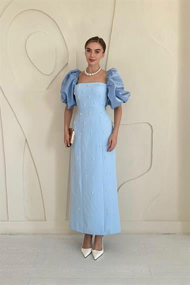 Bebe Mavi Kolu Garnili İşleme Detaylı Elbise