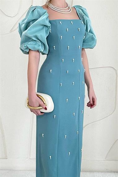 Mint Kolu Garnili İşleme Detaylı Elbise