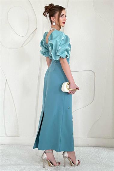 Mint Kolu Garnili İşleme Detaylı Elbise