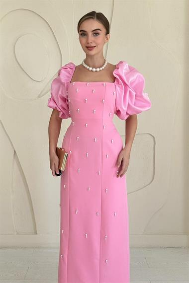 Pembe Kolu Garnili İşleme Detaylı Elbise