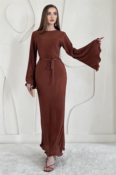 Kahverengi İspanyol Kol Piliseli Elbise