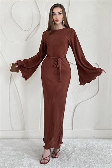 Kahverengi İspanyol Kol Piliseli Elbise