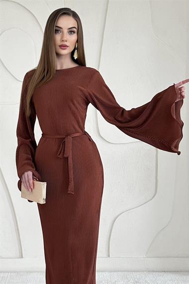 Kahverengi İspanyol Kol Piliseli Elbise