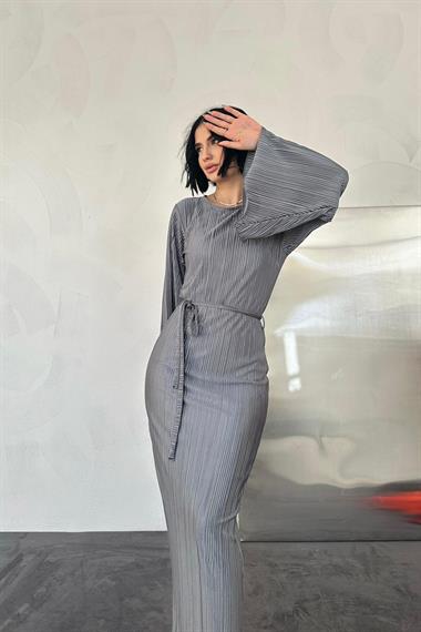 Gri İspanyol Kol Piliseli Elbise