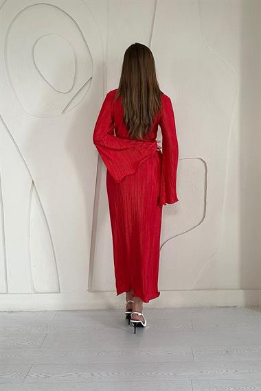 Kırmızı İspanyol Kol Piliseli Elbise