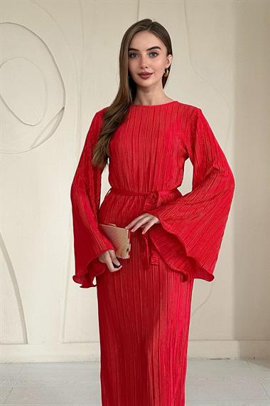 Kırmızı İspanyol Kol Piliseli Elbise