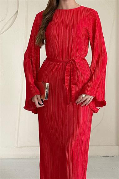 Kırmızı İspanyol Kol Piliseli Elbise