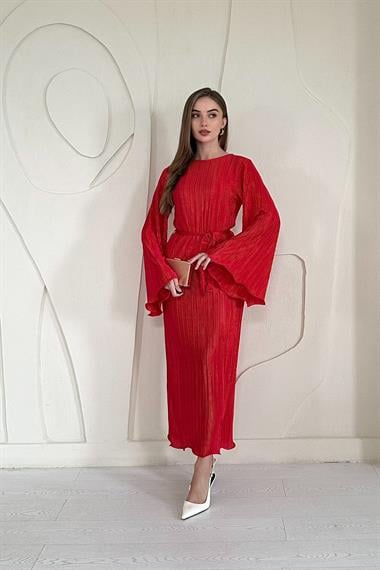 Kırmızı İspanyol Kol Piliseli Elbise