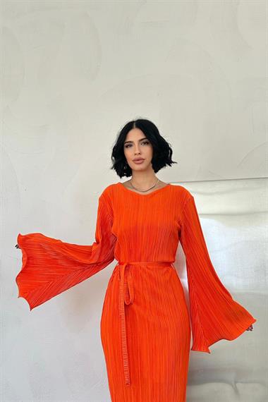Turuncu İspanyol Kol Piliseli Elbise