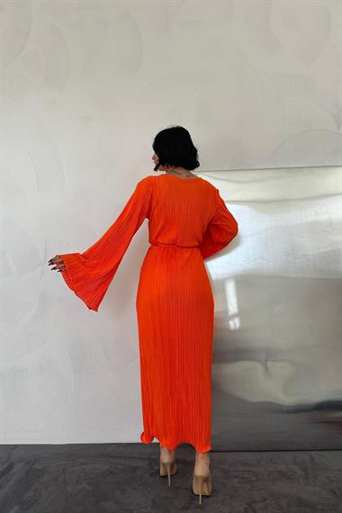 Turuncu İspanyol Kol Piliseli Elbise