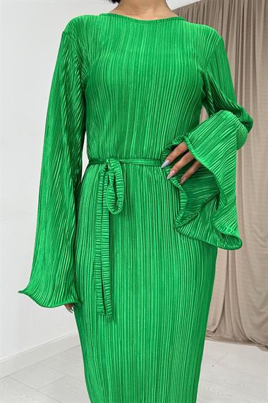 Yeşil İspanyol Kol Piliseli Elbise