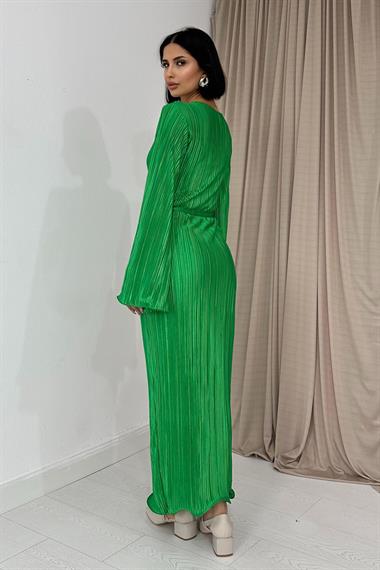 Yeşil İspanyol Kol Piliseli Elbise