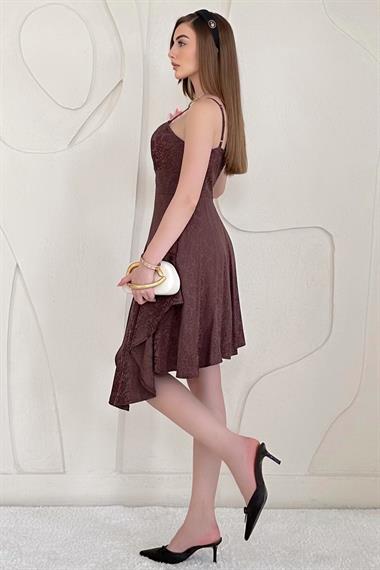 Kahverengi Jakarlı Asimetrik Elbise