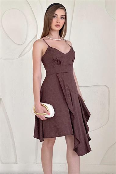 Kahverengi Jakarlı Asimetrik Elbise