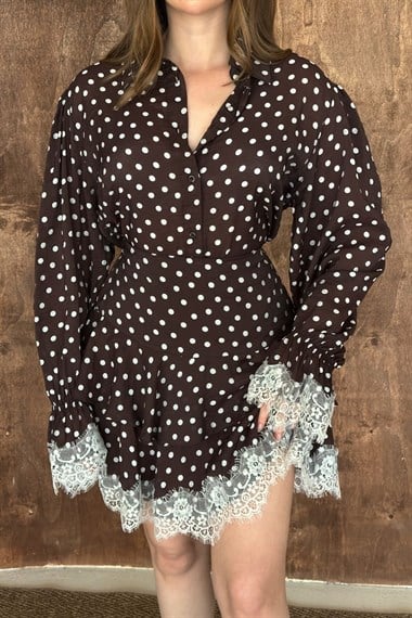 Kahve Puantiyeli Dantelli Takım