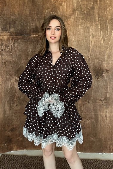 Kahve Puantiyeli Dantelli Takım