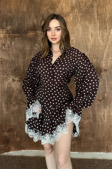 Kahve Puantiyeli Dantelli Takım