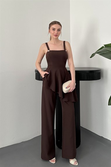 Kahve Volanlı Bluz Ve Pantolon Takım