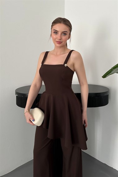 Kahve Volanlı Bluz Ve Pantolon Takım