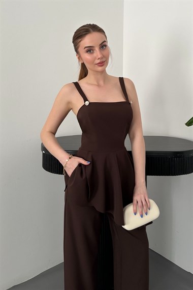 Kahve Volanlı Bluz Ve Pantolon Takım