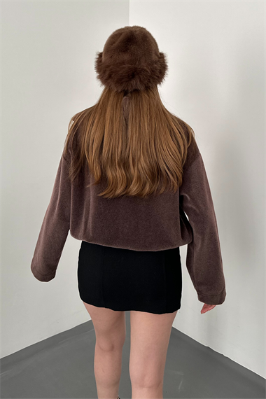 Kahverengi Cep Detaylı Tüylü Bomber Ceket