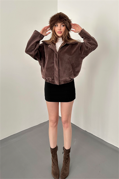 Kahverengi Cep Detaylı Tüylü Bomber Ceket